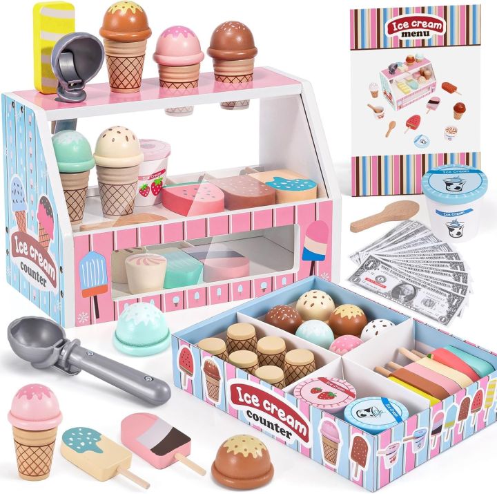 Toyssa Wooden Ice Cream Toys Kids Kitchen Play Store for Toddlers Girls,  Play Kitchen Accessories with Scoop Menu Fake Money, Wooden Toys for 