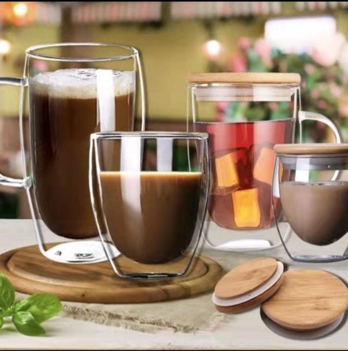 GP1 Double Wall Glass Mug with Handle & Bamboo Lid for Safety Hot ...