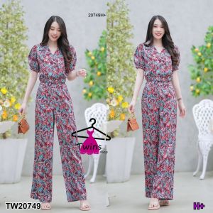 TW20749 Set 2 ชิ้น เซตขายาว คอปกเสื้อแขนพอง + กางเกงขายาว พิมพ์ลาย