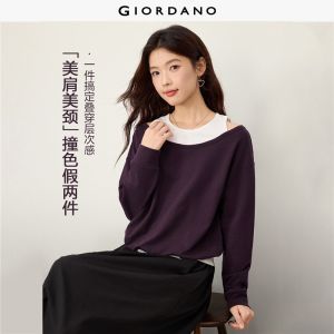 Giordano Women Fake two-piece cold shoulder long sleeve tee Free Shipping 05326807