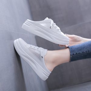 ❀☍ YUEBANCHUAN 半拖鞋女韩版帆布厚底外传ins大码 Baotou Half Slippers Womens Mesh Breathable Lazy Slip-On Sandals Leisure Outdoor Sports Inner Heightening Slippers包头半拖鞋女网面透气懒人套穿凉拖鞋休闲户外运动内增高拖鞋