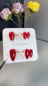 【HANDMADE+Free Glue】Real Photos Press on Nails Pure cherry red almond nails Phototherapy Fake Nail Patch Artificial Nail Reusable