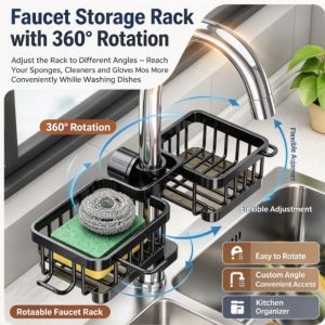 Kitchen Faucet Organizer Rack Sink Caddy Sponge Holder Soap Brush Storage Shelf Space Saving Drain Basket Kitchen Sink Organizer