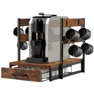 Wood Coffee Station Organizer With 8 Hooks Coffee Machine Base Drawer Storage Rack With 5 Grids Rack Coffee Machine Organizer Equipped With Anti Slip Feet For Kitchen Office Coffee Bar PH