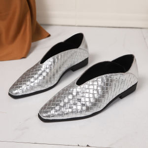 Free Shipping Spring And Autumn New Style Two-Way Wear Woven Casual Flats For Women Flat V-Cut Pointed Toe Soft Leather Low Heel Professional Flats Size 43
