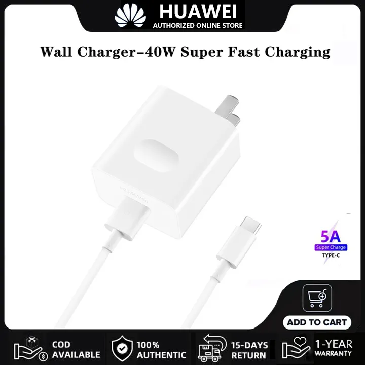 Original Huawei SuperCharge 5A USB-C Charger Adapter + Cable (22.5W) – For P20, P30, Mate Series, Honor & More