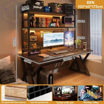 BMZAR Bàn làm việc Bàn Gaming Bàn học chân chữ K cong kèm kệ lửng cùng lỗ đi dây thông minh thiết kế Gỗ MDF 15mm đầy