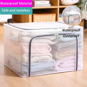 100L Stackable Clothes Storage Organizer with Lids Waterproof Foldable Steel Large Storage Oxford Cloth Material Storage Organizer for Bedding Clothing Toy Dustproof and Moisture-proof Wardrobe Storage Box