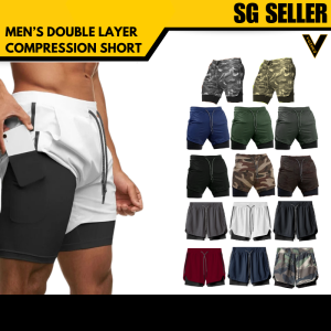 [SG SELLER] Double Layer 2-in-1 Short Running Sport Cycling Men Gym Fitness Quick Dry Built-in Pocket Elastic Breathable