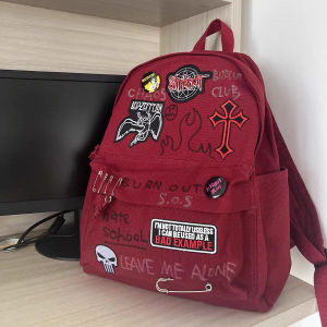 Homemade Wine Red Rock Punk Y2K Student Large Capacity Classroom Backpack Women Backpack Leisure Mens Bag