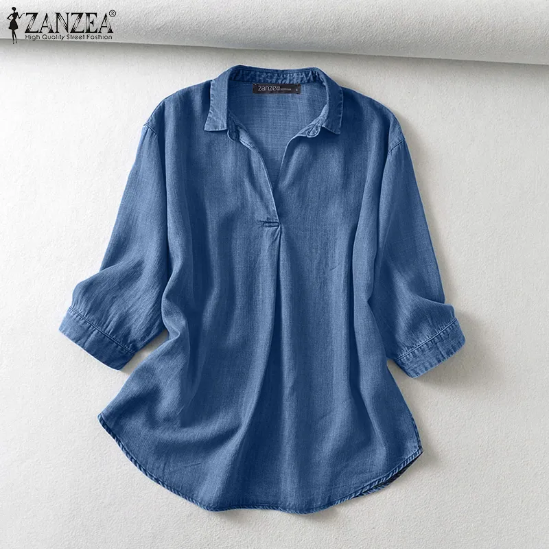 Esolo ZANZEA Women V Neck 3/4 Sleeve Blouse Elegant Solid OL Work Tops  Casual Loose Denim Shirt #2