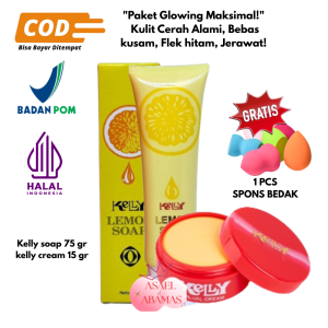 Promo Kelly Paket  wajah Glowing 3 IN 1 Cream kelly Pearl Lemon soap Original  Halal BPOM Gratis Masker/Spons Bedak