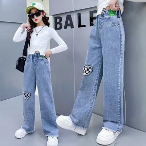Girls Jeans for Kids Teens 8-16 Years Old Loose Pants Denim Jeans New Pants Wide Leg Trousers Embroidery Jeans High Waist Baggy Pants Fashion Casual Aesthetics Korean New Style 2024