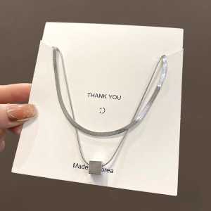 Kalung Titanium Dua Layer Liontin Balok Kubus Silver/Kalung Fashion Pria Dan Wanita Korean Style Bahan Titanium Antikarat Anti Luntur