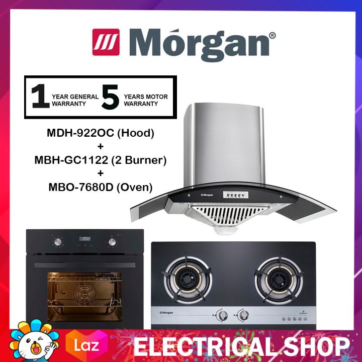 (COMBO) Morgan Cooker Hood MDH-922OC (900MM/1300M3) MDH922OC + Glass 2 Burner Hob MBH-GC1122 / MBHGC1122 + 70L Built-in Oven 8F MBO-7680D Digital MBO7680D