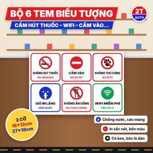 Bộ 6 Tem Biểu Tượng Không Hút Thuốc Cấm Vào Wifi Miễn Phí Giữ Im Lặng Decal Dán Kính Cửa Hàng Song Ngữ Chống Nước