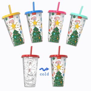 OURTOUR Plastic Color Changing Cup Discoloration Dining Supplies Cold Drink Cup Fashion 710ml Straw Cup Christmas