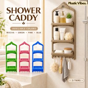 3 Tier Bathroom Caddy Storage Rack 5 Hooks Shower Organizer for Shampoo Soap Towel Toiletries Accessories Home Use