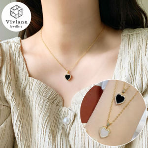 Viviann Original Luxury Double Color Love Heart Pendant Necklace For Women 14k Gold Wedding Jewelry Gold Classic Shell Short Necklaces Girls Fashion Zircon Titanium Steel Christmas Gift Jewelry