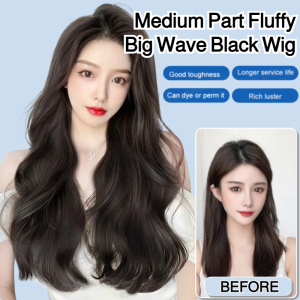 Ladies Long Curly Hair Wig Medium Part Fluffy Big Wave Black Wig 3 Colors Available Full Headgear