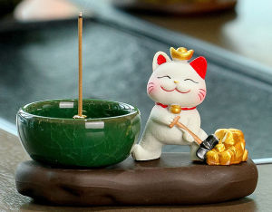 Bộ decor mèo thần tài vui nhộn kết hợp cùng lư hương thu hút tài lộc cầu bình an trang trí bàn làm việc