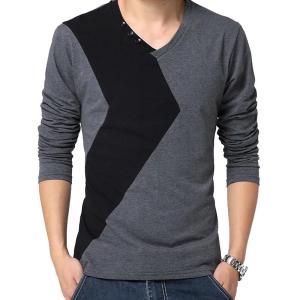 BROWON Brand Autumn Mens T Shirts Fashion 2026 Streetwear Long Sleeve V Neck Color Patchwork Cotton T Shirt Men2026