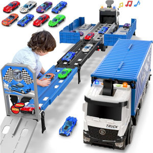 [Ready Stock Malaysia]3-in-1 Transform Truck Toy Playset with Ejection Racing Track & 8 Alloy Cars Kids Educational Lorry Mainan Budak Lelaki Gift Light & Sound Kereta Mainan