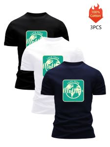 Printed T-Shirt 3 Pack Mens 100% Cotton Graphic Tees Funny Summer Blouse Casual Breathable Cool Luxury High Quality Clothing