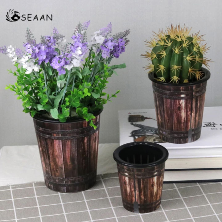 กระถางพลาสติก รดน้ำอัตโนมัติ ลายไม้ย้อนยุค