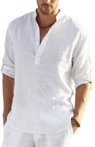 Plus Size Mens Cotton Linen Henley Shirt Long Sleeve Hippie Casual Beach T Shirts