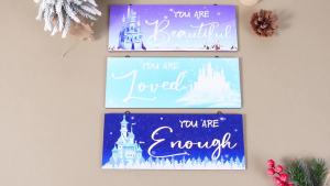 3 Pcs Winter Wooden Hanging Wall Art Snowflake Positive Quotes Castle Wall Art Prints Blue Inspirational Word Sign Decors Gift for Bedroom Women Room Bathroom (9.84 x 3.94 Inch)