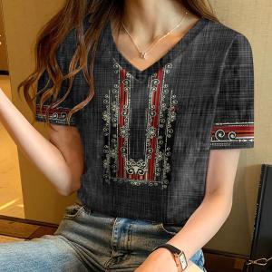 2025 Modern Asean Attire Barong Tagalog T-Shirt For Women V Neck Short Sleeve Tees Vintage Ethnic Wear Bohemian Style Tops Casual Plus Size Womens T-Shirt