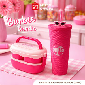 [ MINISO X Barbie ] Bundle Lunch Box & Tumbler Set | Kotak Makan tingkat 2 in 1 Bento Lunch Box Dua Lapisan dengan Garpu dan Sendok 1600 ml  & Tumbler Barbie Tempat Minum Durian Straw Cup Gelas Barbie Mode Cangkir Meja 700 ML