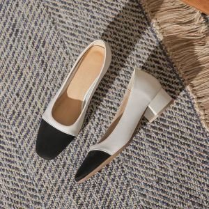 [Free Shipping] Color-Blocked Chunky-Heeled WomenS Shoes Spring/Autumn 2026 New Collection Mid-Heel Comfortable Shallow-Toe High-Heeled Shoes