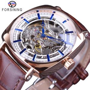 new Forsining fashion classic golden square watch luxury hollow mechanical watch waterproof black leather mens watch. Mens gifts