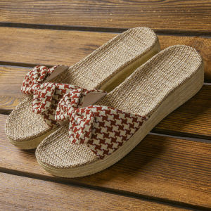 [Free Shipping] High-Heeled Bow-Knot Linen Slippers For Women Summer Indoor Home Slippers Thick-Soled Breathable With A Slight Wedge Heel Suitable For Both Indoor And Outdoor Wear