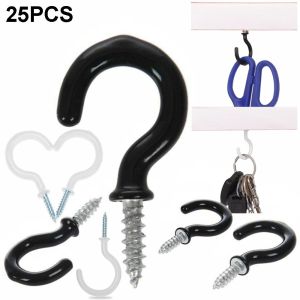 UUMIR 25PCS สกรูใน ไม้แขวนเพดาน เคลือบพลาสติก สกรูไหล่แก้ว ครัว Loop Peg เครื่องมือฮาร์ดแวร์ ตะขอถ้วยจุ่ม