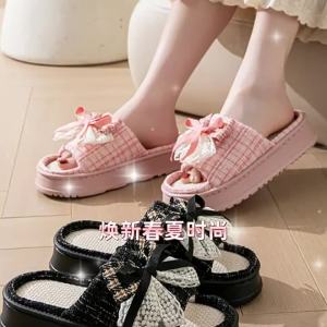 WomenS Linen Slippers For Spring And Summer With Lace Bow Indoor Non-Slip Open-Toe Slippers Suitable For All Seasons Cotton-Linen Slippers For Outdoor Wear