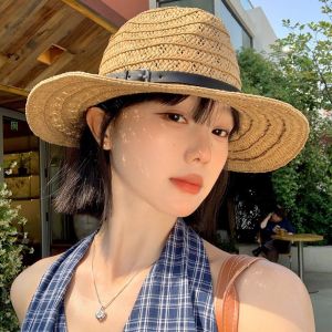 NEEUJ ปีกกว้าง หมวกฟางแบบโปร่ง แจ๊ส กลวง หมวกคาวบอยตะวันตก ทันสมัย ครีมกันแดด หมวกบังแดด ผู้ชาย ผู้หญิง