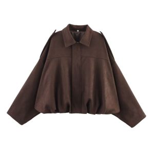 MUMU Cổ áo lật Áo khoác phi công Kết cấu da lộn Lỏng lẻo Trang phục bên ngoài Sành điệu Thường ngày Áo khoác