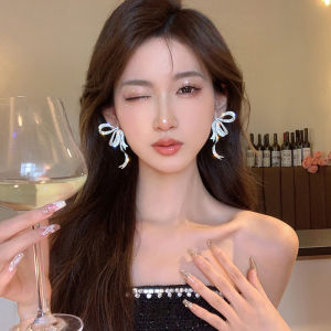 [fenggongshuode] 1Pair Luxury Full Rhinestone Bowknot Pendant Earrings For Women Exaggerated Elegant Ribbon Bow Long Tassel Earrings Jewelry