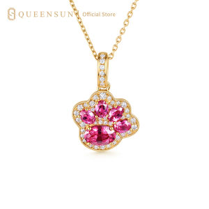 Queensun 18K Gold  Paw Print Necklace Pink Gemstone Pendant Halo Diamond Necklace Dainty Pet Necklace Animal Jewelry Gift For Pet Lover Minimalist Choker Women Daily Jewelry Yellow Gold Fine Jewelry