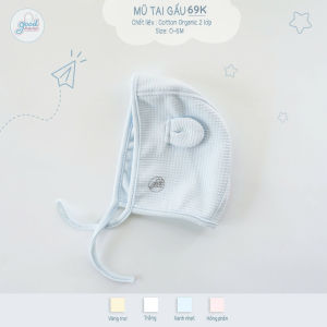 Mũ sơ sinh tai gấu/buộc dây Goodmama chất liệu cotton organic thoáng khí cho bé 0-6M