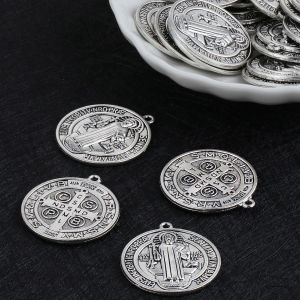 10pcs Exorcism St. Benedict Cross Medal Round Silver Color Saint Benedict Medallion Pendant for Jewelry DIY Making Accessories