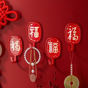 CUNXIN 4Pcs Self-adhesive Red Blessing Characters Hooks Wall Mounted Plastic Key Hanger Multifunctional Decorative Door Wall Hangers for Home