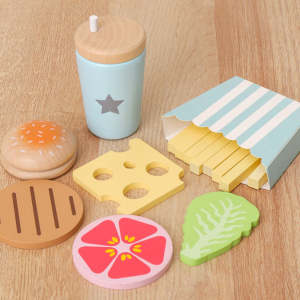 Wooden burger French Fries Drinks Pretend Kitchen Play Set