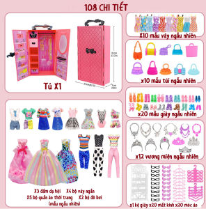 Tủ quần áo đồ chơi thay đồ búp bê Barbie 108 chi tiết thời trang hiện đại 2024 Tủ quần áo búp bê Thay đồ búp bê Búp bê Barbie