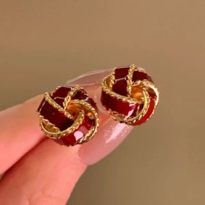 DIRKI Maillard Style Wine Red New Year Earring Geometric Vintage Autumn Winter Earring Romantic Alloy Rose Pearl Ear Studs Wedding