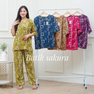 One Set CP Caroline Motif Printing Batik Sakura Pekalongan Baju Setelan Panjang Kulot Wanita Tidur Cantik Bali