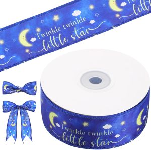 Hotop 1.5 Twinkle Twinkle Little Star Baby Shower Ribbon 10 Yards Moon and Star Baby Shower Decorations Gold and Blue Satin Ribbon for Wreath Crafts Cake Birthday Party Wedding Gift Wrapping